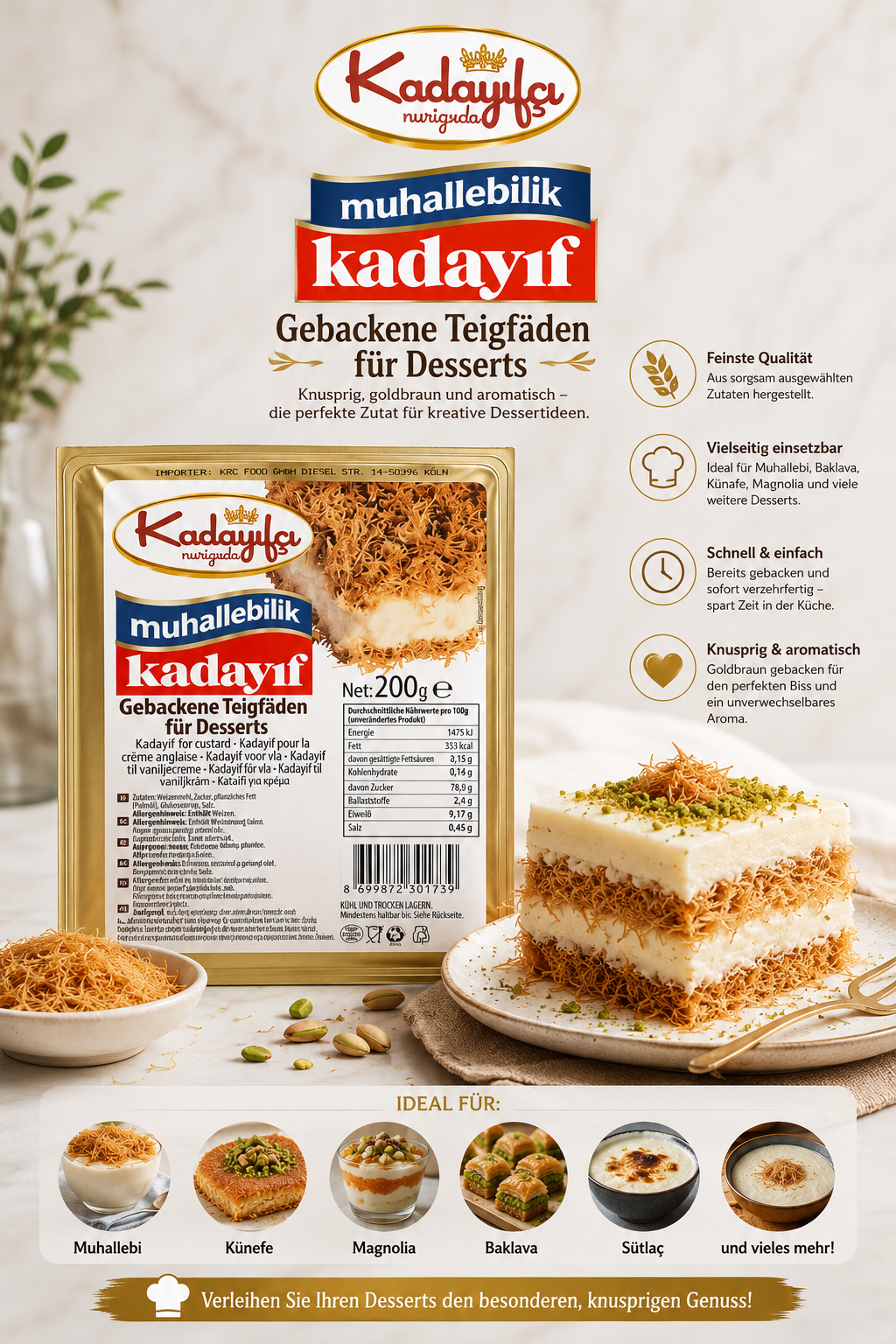 Gerösteter Teigfaden Kadayif für die Tafel-Schokolade 🍫